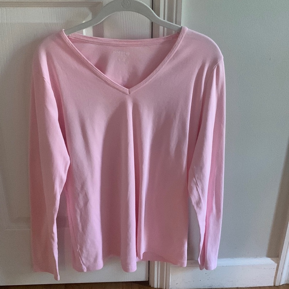 Lands End Pink Shaped Fit V Neck Long Sleeve Tee- Size Large Tall